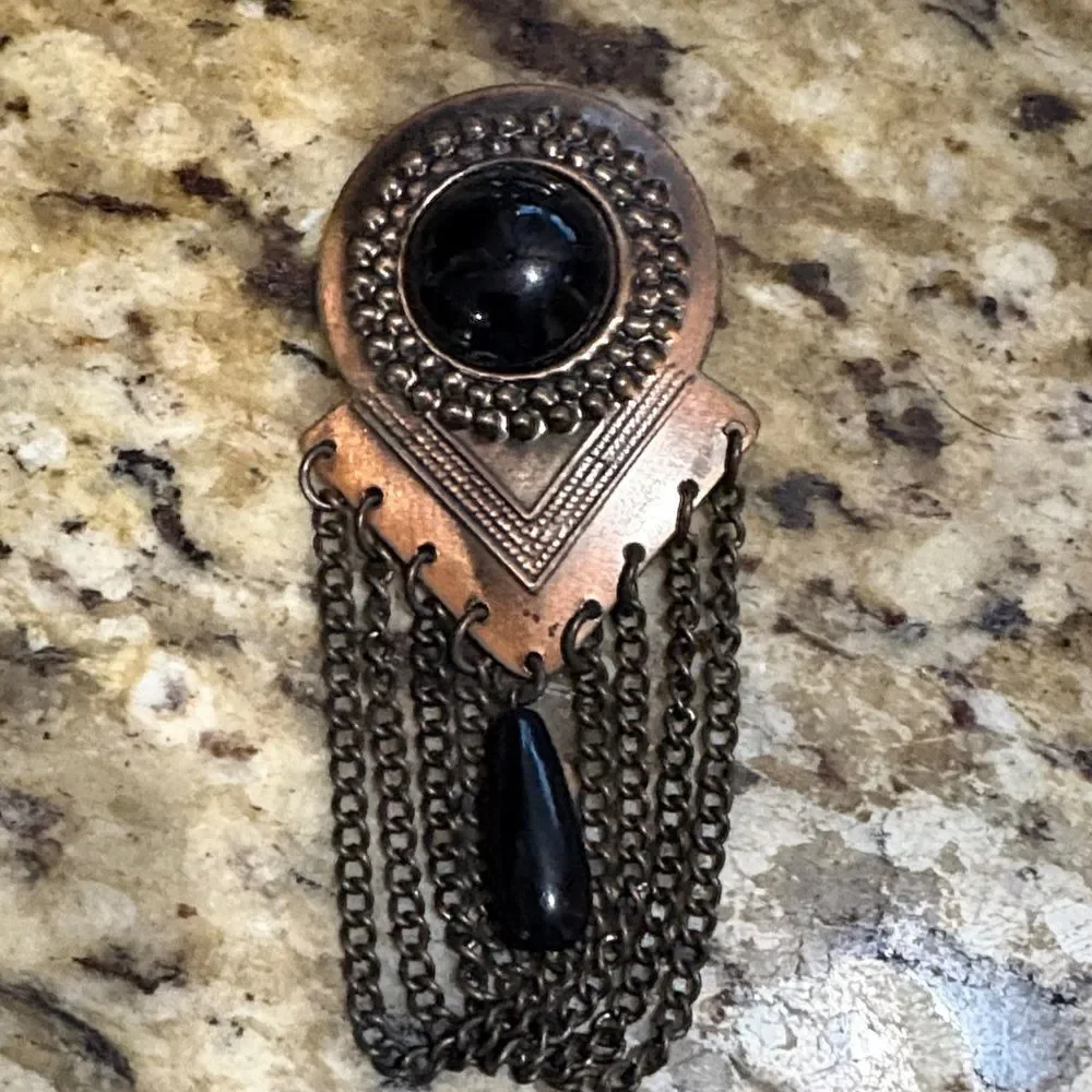 Artistic Black and Bronze Brooch with Chains